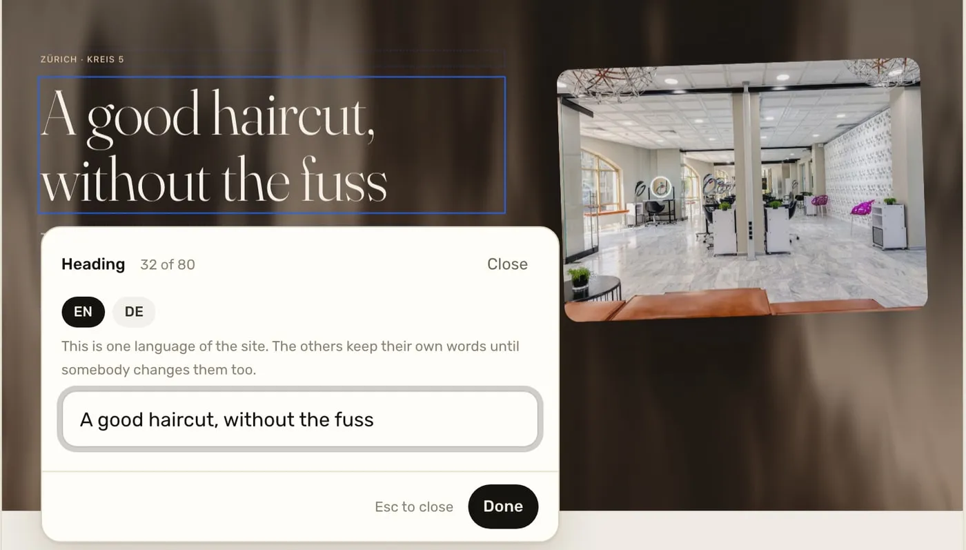The owner's panel over the same page: the heading is tapped and open in a small editor.